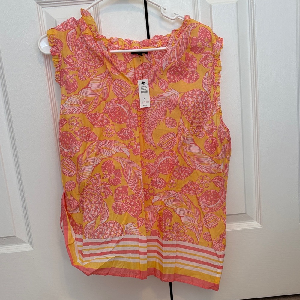 Talbots  Pink and Orange Patterned Blouse with tassel detail.